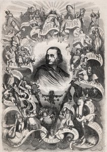 Porträtt av Jacques Offenbach (1819-1880), fransk tonsättare och chef för teatern des Bouffes Parisiens, omgiven av karaktärer från hans verk - Gravyr i "" Le Monde Illustré"" av Unknown artist