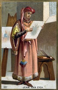 Porträtt av Jan Van Eyck (1390 -1441) flamländsk målare - huvudbonad av en liripipion. Kromolitografi av 1800-talet. av Unknown artist