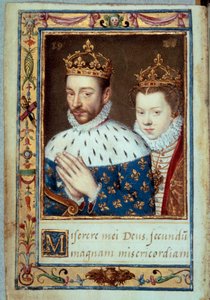Porträtt av kung Karl IX (1550-1574) och Elisabet av Österrike (1554-1592) Frankrikes drottning Manuskriptsida av "Timmeboken av Catherine de Medicis" (Caterina de Medici) 1500-talets Paris, B.N. av Unknown artist