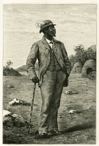 Porträtt av kung Sepopo av Zambeze (nuvarande Sydafrika), klädd i europeisk stil, gravyr av P. Dufour, för att illustrera berättelsen "Au pays des Marutses", 1875-1879, av Dr. Emile Holub (1847- 1902). Publicerad i Tour du monde, termin 1 av Unknown artist