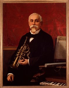 Porträtt av Lodovico Bortolotti (1800-talet) italiensk musiker Han håller en trumpet. Anonym målning. 1800-talet. Bologna, civilt bibliografiskt museum av Unknown artist