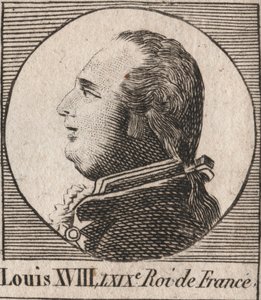 Porträtt av Ludvig XVIII (1755-1824), med smeknamnet Desire, kung av Frankrike och Navarra från 1814 till 1815 och från 1815 till 1824 - Ludvig XVIII, känd som den önskade, kung av Frankrike - gravyr från "Instruction sur l