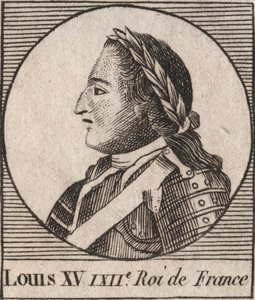 Porträtt av Ludvig XV (1710-1774) dit le Bien Aime, kung av Frankrike 1715 till 1774 - Ludvig XV, känd som Ludvig den älskade, kung av Frankrike - gravyr från "Instruction sur l