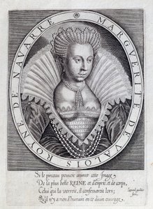 Porträtt av Marguerite de Valois (1553 - 1615) känd som drottning Margot. Gravyr av 1500-talet. Pau, Musée du Chateau av Unknown artist