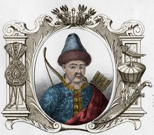 Porträtt av den mongoliska monarken Timur (Tamerlane) (1336-1405) - Tamerlan (1336-1405) (eller Timur Lang, "" Timur den lame"") Gravyr från 1861 av Unknown artist