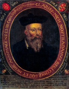 Porträtt av Nostradamus, Michel de Notre Dame (1503 - 1566) fransk astrolog och läkare. Koppargravyr av Unknown artist