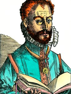 Porträtt av Orlandus Lassus (1531-1594) musiker från den fransk-belgiska skolan med en öppen bok (vita sidor). Gravyr av 1500-talet. Coll. Kom igen. av Unknown artist