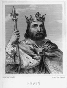 Porträtt av Pépin le Brief (v. 714 - 768), frankernas kung, förste av karolingerna - i "Histoire des Français" av Lavallée, gravyr, sd. av Unknown artist