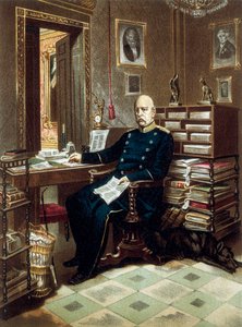 Porträtt av prins Otto von Bismarck (1815-1898), förbundskansler och preussisk politiker, på hans kontor. Litografi i färg av Unknown artist