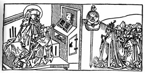 Porträtt av Sankta Brigitte av Sverige (1103 - 1373). Gravyr från "Leben der Heiligen - sommerteil" (Helgonets bok) av Jacobus (James) av Voragine (1228-1298). Lübeck 1488. av Unknown artist