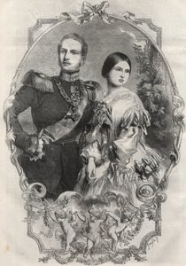 Porträtt av deras kungliga högheter prinsessan Victoria (1840-1901) (drottning Victoria) och kronprins Fredrik William av Preussen (1831-1888). Gravyr från 1858. av Unknown artist