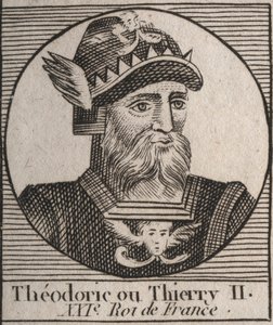 Porträtt av Thierry II (587-613) Kung av frankerna av Austrasien och Bourgogne från 595 till 613 - THIERRY II (Theuderic eller Theuderich, Theoderic eller Theodoric II) kung av Bourgogne och Austrasien - gravyr från "Instruction sur l