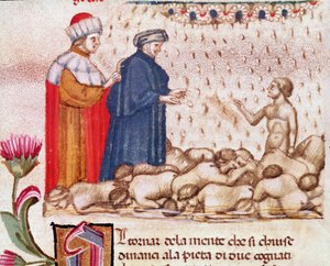 Porträtt av den italienska poeten Dante Alighieri i frossans cirkel (sång 6 från helvetet, i den gudomliga komedin) - miniatyr 1400-talet av Unknown artist