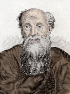 Porträtt av den grekiske filosofen Democrito (Democritus) (460-370 Av JC), Democritus av Abdera. Gravyr av 1800-talet. av Unknown artist