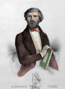 Porträtt av den italienska kompositören Giuseppe Verdi (1813 - 1901) med partituren för "" i Due Foscari"" gravyr från 1844. av Unknown artist