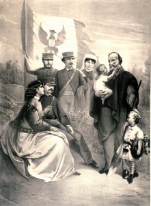 Porträtt av den italienska patrioten och hjältar av Risorgimento Giuseppe Garibaldi (1807-1882) omger hans barn Menotti, Ricciotti stående och Teresita, Francesca Armosino och den lilla Manlio och Clelia. Illustration omkring 1870. Privat samling av Unknown artist