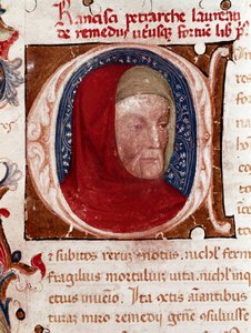 Porträtt av den italienska poeten Francesco Petrarca (Petrarque) (1304-1374) Detalj. Sidan hämtad från manuskriptet "Les remedes aux deux fortunes" (De remediis Utriusque Fortunae) av Petrarch. 1360-1366 Venedig, Biblioteca marciana av Unknown artist