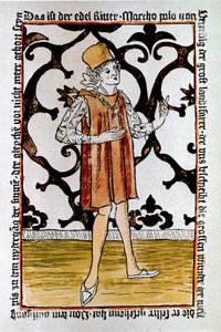 Porträtt av den venetianske upptäcktsresanden Marco Polo (1254-1324) Frontispice av den första upplagan av "" Il Milione: The Book of Merveillles"" (""Devisement du monde") Nürnberg av Unknown artist