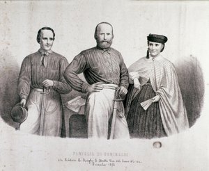 Porträtt av patrioten och hjältarna i Risorgimento Giuseppe Garibaldi (1807-1882) mellan Teresita, hans dotter och hans fru Stefano Canzio. Litografi av 1862 Privat samling av Unknown artist