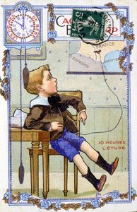 Vykort som visar loppet av ett barns dag. Klockan 10:00 är ungen i skolan. av Unknown artist