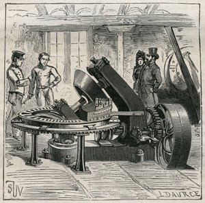 Keramik: Fleury-maskin som används för mekanisk formning av tegelstenar. Gravyr från 1885 i "" Les arts et metiers illustres"" av Adolphe BITARD. av Unknown artist