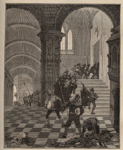 Keramik: förstörelse av "Henri II"-fabriken under plundringen av slottet Oiron (Deux Sevres) 1568 under ligan. Gravyr från 1885 i "" Les arts et metiers illustres"" av Adolphe BITARD. av Unknown artist
