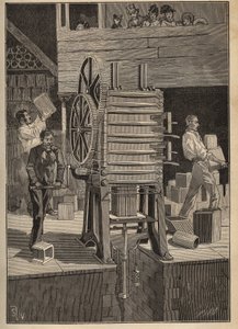 Keramik: mekanisk formning av ihåliga delar. Gravyr från 1885 i "" Les arts et metiers illustres"" av Adolphe BITARD. av Unknown artist