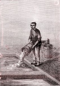 Häller kalk i bassängen, papperstillverkning i Kina (3:e århundradet f.Kr.) (gravyr) av Unknown Artist