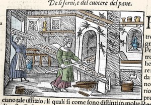 Beredning och bakning av bröd i ugn. Gravyr av Olaus Magnus (1490-1557), svensk religiös och geograf, "Historia de Gentis Septentrionalibus", Venedig av Unknown artist