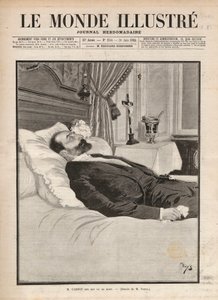 Republikens president Sadi Carnot (1837-1894) på sin dödsbädd, i ett sammanhang av facklig och anarkistisk agitation, mördades han den 24 juni på utställningen i Lyon, av Sante Caserio (1873-1894) och senare. Gravyr i "Le monde illustrious"" f av Unknown artist