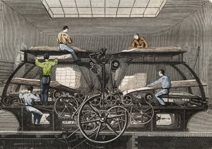 Tryckpress: tryckpress av tidningen "" Le Siecle"" i Paris. Gravyr från 1857 i "" Le Musee Des Sciences"" av Unknown artist