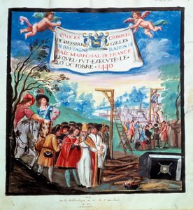 Gilles de Rais (Retz ou Rays) processer (1404-1440): "" Avrättningen, gibet och slaktaren""" Han avrättas för mord och kätteri. 1400-tals miniatyr. Paris, B.N. av Unknown artist
