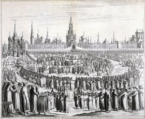Procession av påskblommor framför den Helige Frälsaresporten och Kreml i Moskva. Gravyr av 1800-talet. av Unknown artist