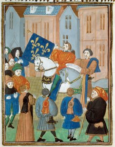 Fredsproklamation i Reims den 2 oktober 1435 efter undertecknandet av Arras-fördraget mellan kung Karl VII och hertigen av Bourgogne Filip III den gode som avslutade inbördeskriget mellan Armagnacs och burgunderna. Miniatyr från "" Kings and quee av Unknown artist