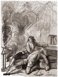 Professor Georges Guillaume Richmann (1711-1753) dog i sin verkstad efter ett experiment med en elektrometer av Unknown artist