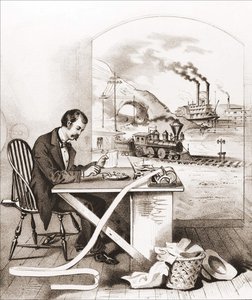 Århundradets framsteg (1800-talet): Morse-telegrafi, Dawn Boat, Train, etc. Gravyr från 1800-talet. av Unknown artist