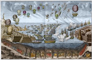 Angreppsprojekt (invasion) mot England 1803 av Napoleon I - Franska trupper går genom kanaltunneln medan fartyg och ballonger attackerar till sjöss och i luften - Gravyr av 1803 av Unknown artist