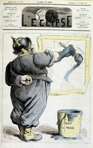 Preussisk soldat som spårar gränserna för Alsace-Lorraine till Preussens blå (hänvisning till annekteringen av regionen genom kriget 1870) - i "" L
