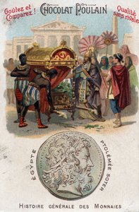 Ptolemäus I (360-283 f.Kr.) Soter (frälsare) lät begrava Alexander den store. I Myntens allmänna historia. Choklad-fölkromolitografi från slutet av 1800-talet. Privat samling. av Unknown artist