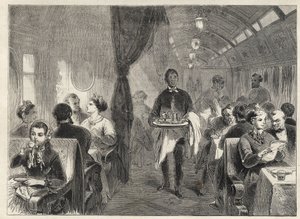 Pullman matvagn från Pacific Railways 1869 - inne i ett vagnhotell på Pacific Railway - av Unknown artist