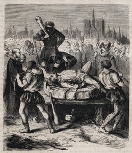 Bestraffning av Francois Ravaillac (1578-1610) mördare av kung Henrik IV (1553-1610) på Place de Greve i Paris 1610 - Gravyr från 1879 i "Historien om hemliga, politiska och religiösa sällskap" av Pierre Zaccone (1817-1895) av Unknown artist