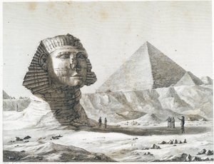 Pyramiderna i Giza: utsikt över Sfinxen och den stora pyramiden, tagen från sydost - i "" Beskrivning av Egypten"", Imperial Editions av Unknown artist