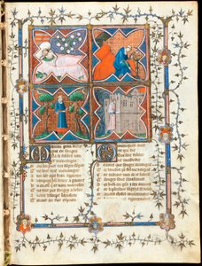 ""Fyra män upptagna med olika aktiviteter"" upplyst sida från manuskriptet ""Le Roman de la Rose"" av Guillaume de Lorris (cirka 1200-1238) och Jean de Meun (Meung) (1240-1305) runt 1353 Schweiz, Genève bibliotek av Unknown artist