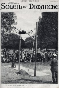 Racingklubb i Frankrike. Sheldon, Frankrikes mästare, hoppar 2, 95 m för att hoppa a la Perche. Gravyr i "" Le sun-du-dimanche"", 2 juli av Unknown artist