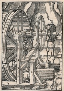 Tras-och-kedja pump för att tömma en mina som drivs av män på löpband. Från Agricola (George Bauer) De re metallica, Basel av Unknown artist