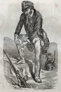 Rage - behandling av bett gjorda av ett rasande djur - ont när han trycker på hans sår - gravering i "La Sante Universelle - Medicinsk guide för familjer"" 1852 av Unknown artist