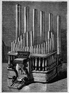Sällsynta eller imaginära instrument: Pyrofonen eller "sjungande lågor", av Frederic Kastner (instrument som genererar lågor som drivs av gasstrålar). av Unknown artist