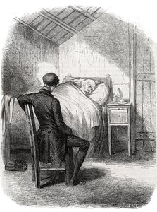 Rastignac förblev ensam nära den gamle mannen, sittande vid fotändan av sängen... Gravyr i mitten av 1800-talet. Illustration till "The Father Goriot" av Honore de Balzac (1799-1850). av Unknown artist