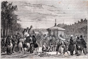 Läsning av domarna publicerade i tidningen Moniteur i trädgårdarna på det kungliga slottet i Paris 26 juli 1830 under inbördeskrig - revolution 1830 - av Unknown
