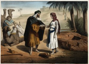 Rebecca och Eliezer till brunnen: Eliezer från Damaskus, anklagas för att hitta en hustru åt Isaac i Mesopotamien, för Rebecca tillbaka. Anonym gravyr från 1800-talet. av Unknown artist